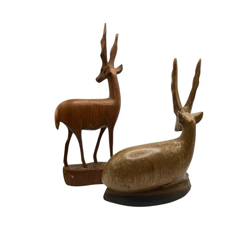 1967 Antelopes Figurines Sculptures Vintate Hand Carved Signed Wood